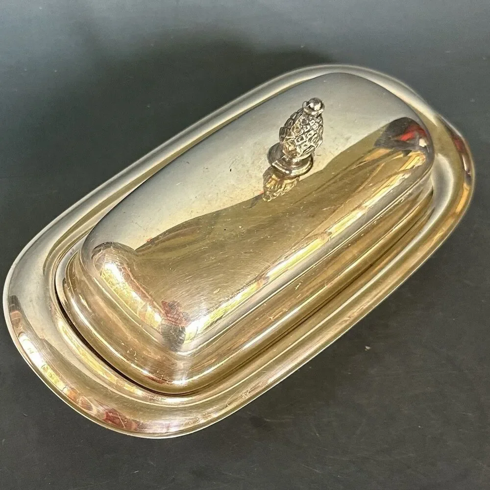Vintage Silverplate, Butter Dish Elegant Patterned Pineapple Top, Glass insert